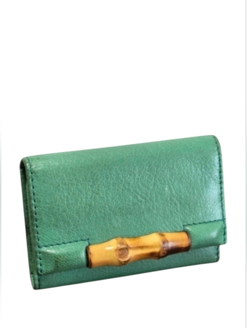 Gucci Key Holder In Green Soft Pebbled  Leather with Bamboo Accent